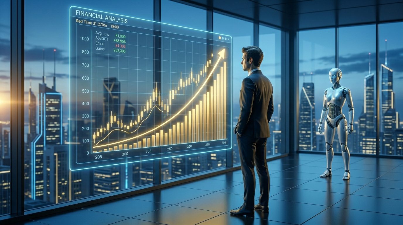 Robô de inteligência artificial analisando gráficos financeiros em plataforma digital.