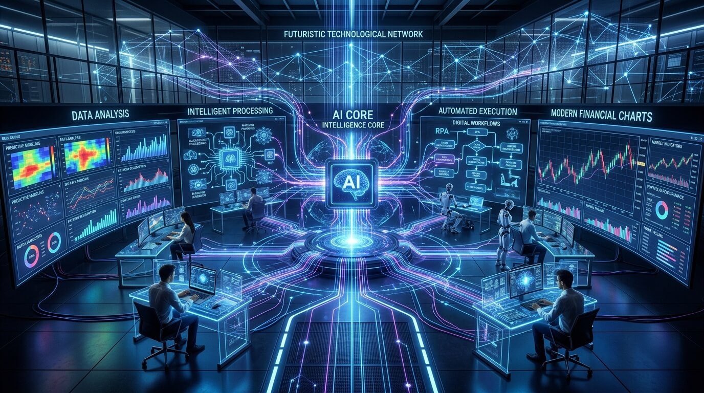 Funcionamento de um sistema de inteligência artificial para automação financeira.