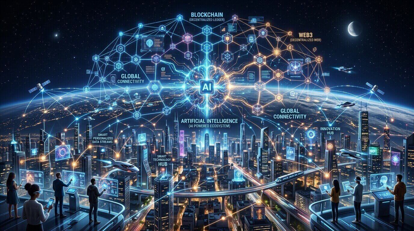 Integração entre blockchain, Web3 e inteligência artificial.