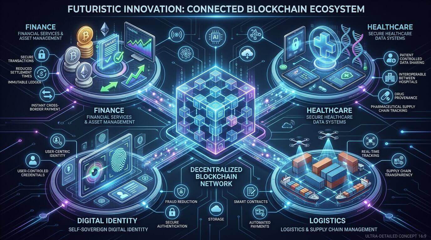Aplicações da blockchain em diversos setores da economia.