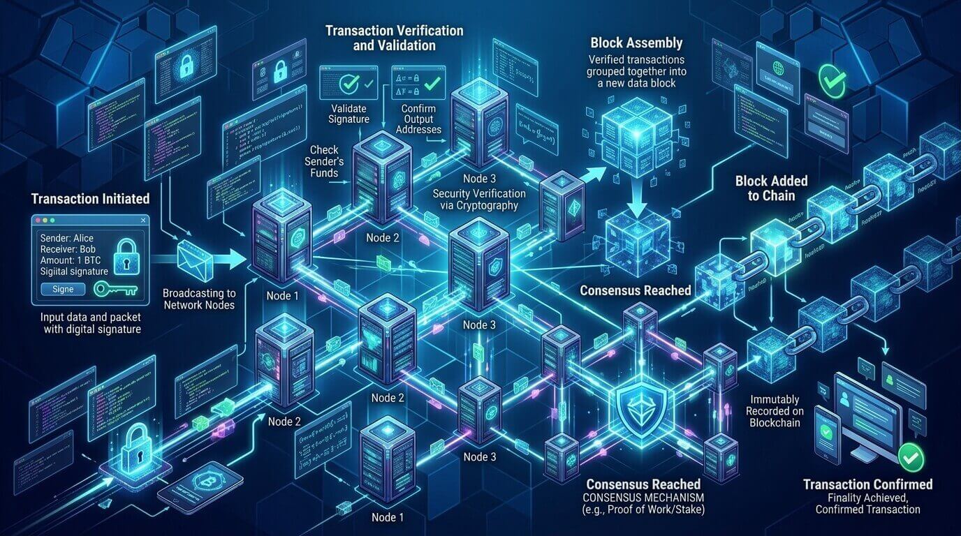 Funcionamento da blockchain e validação de transações.