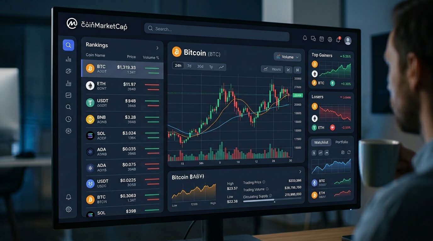 Plataforma CoinMarketCap utilizada para acompanhar criptomoedas e ativos digitais.