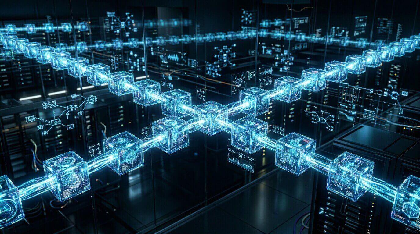 Concepto de blockchain como libro mayor digital descentralizado.