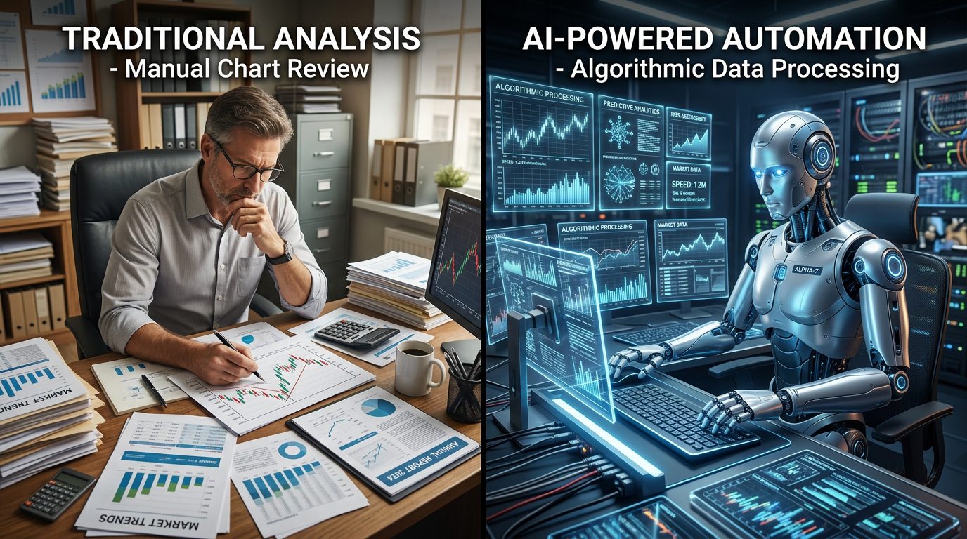 Comparação entre análise manual e automação financeira com inteligência artificial.