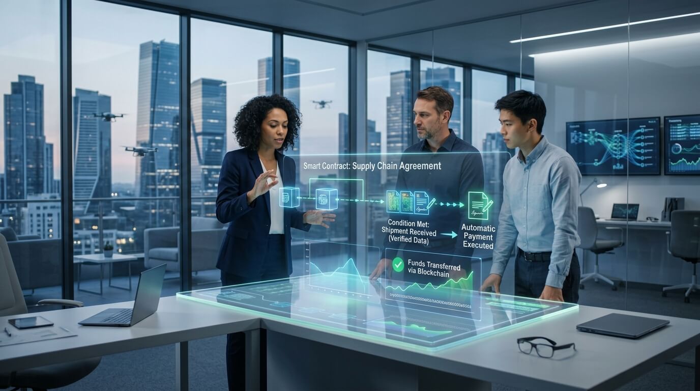 Contratos inteligentes executados através da blockchain.