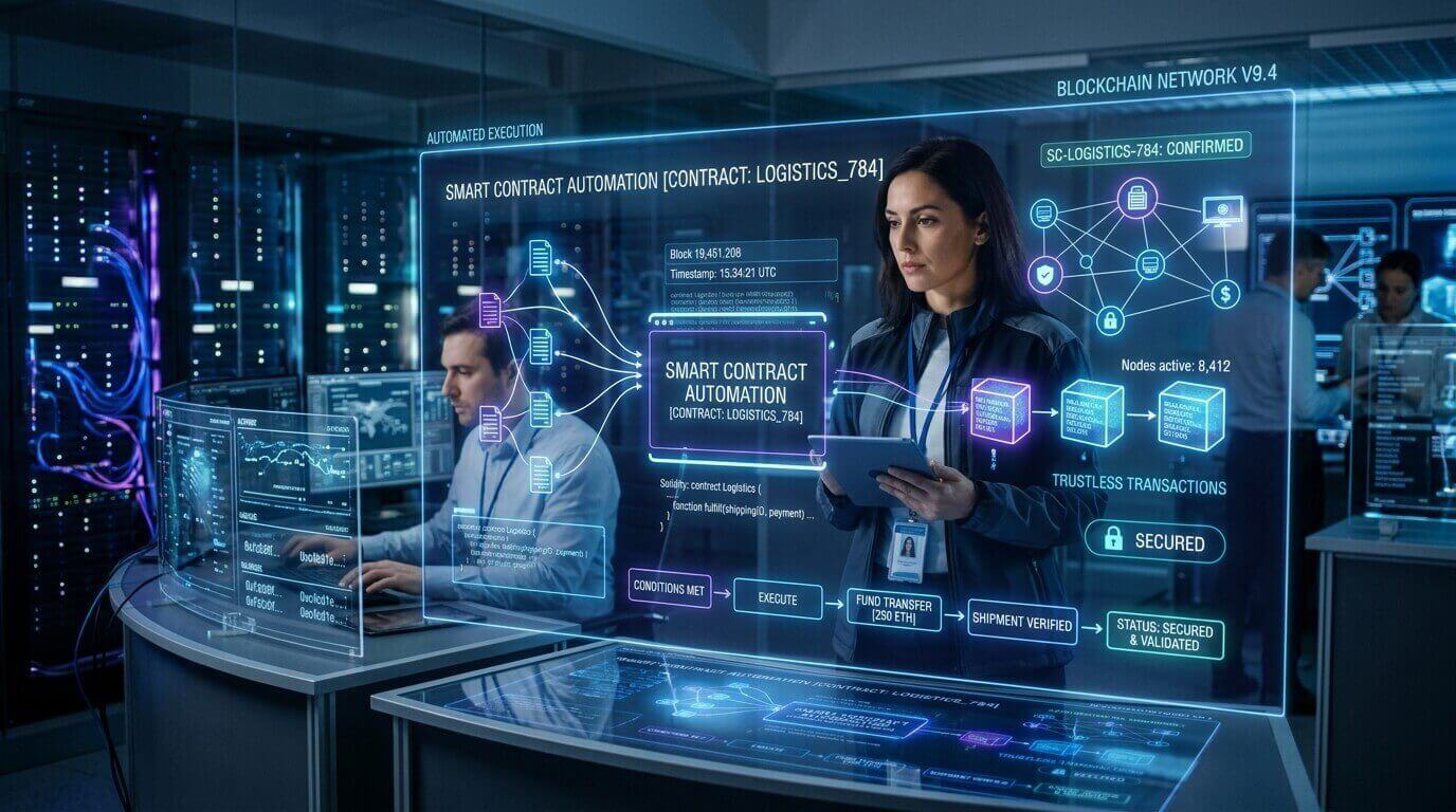 Contratos inteligentes funcionando mediante tecnología blockchain.