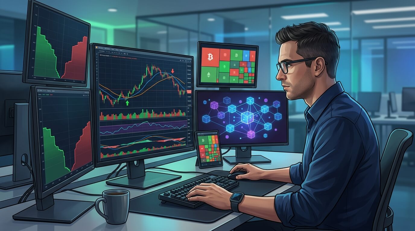 Como funciona o mercado de criptomoedas com compra e venda de ativos digitais, gráficos de preços e análise de mercado.